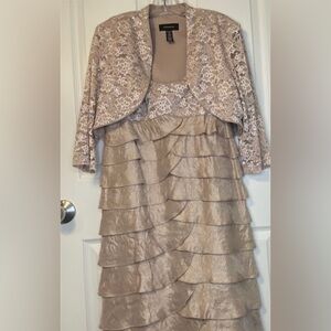 R&M Richards tiered dress and matching bolero jacket in the color champagne